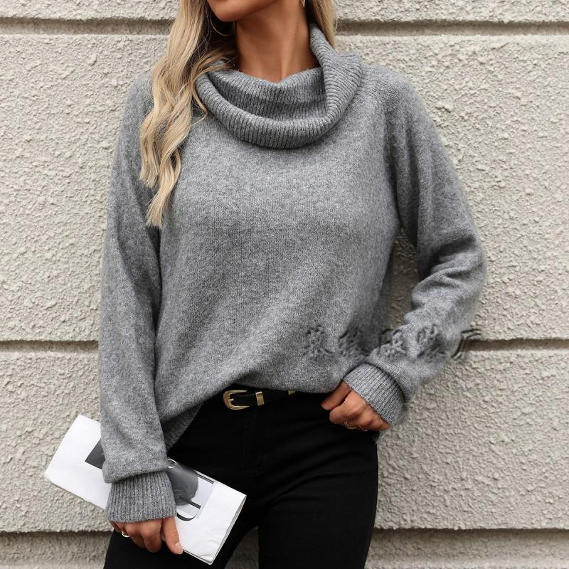 Womens Long Sleeve Knit Sweater Solid Color Off Shoulder Turtleneck Loose Fit Winter