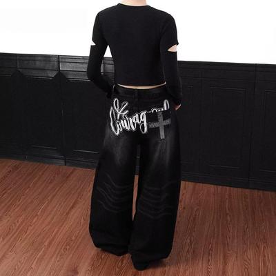 ZYLLO Y2k Vintage Black Letter Embroidery Jeans Washed Harajuku Wide Leg American Retro Scimitar Denim Pant Baggy Casual