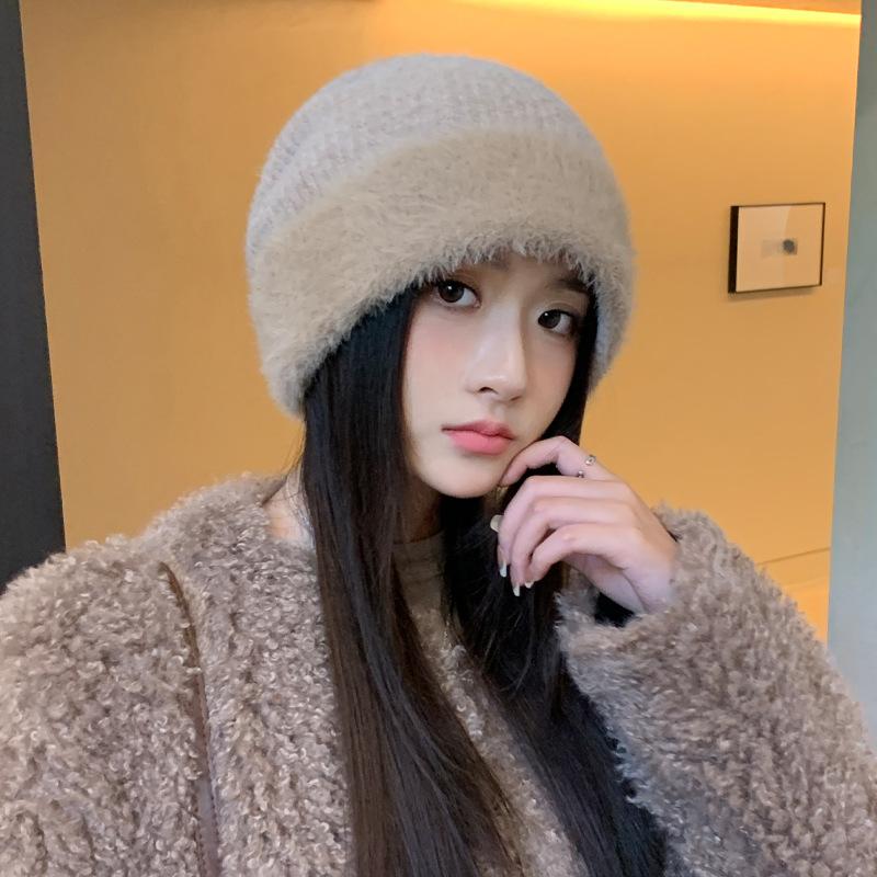Autumn and Winter Hat Women's Wool Knitted Hat Big Head Circumference Headgear Rabbit Fur Fleece Ear Protector Warm Cold Hat