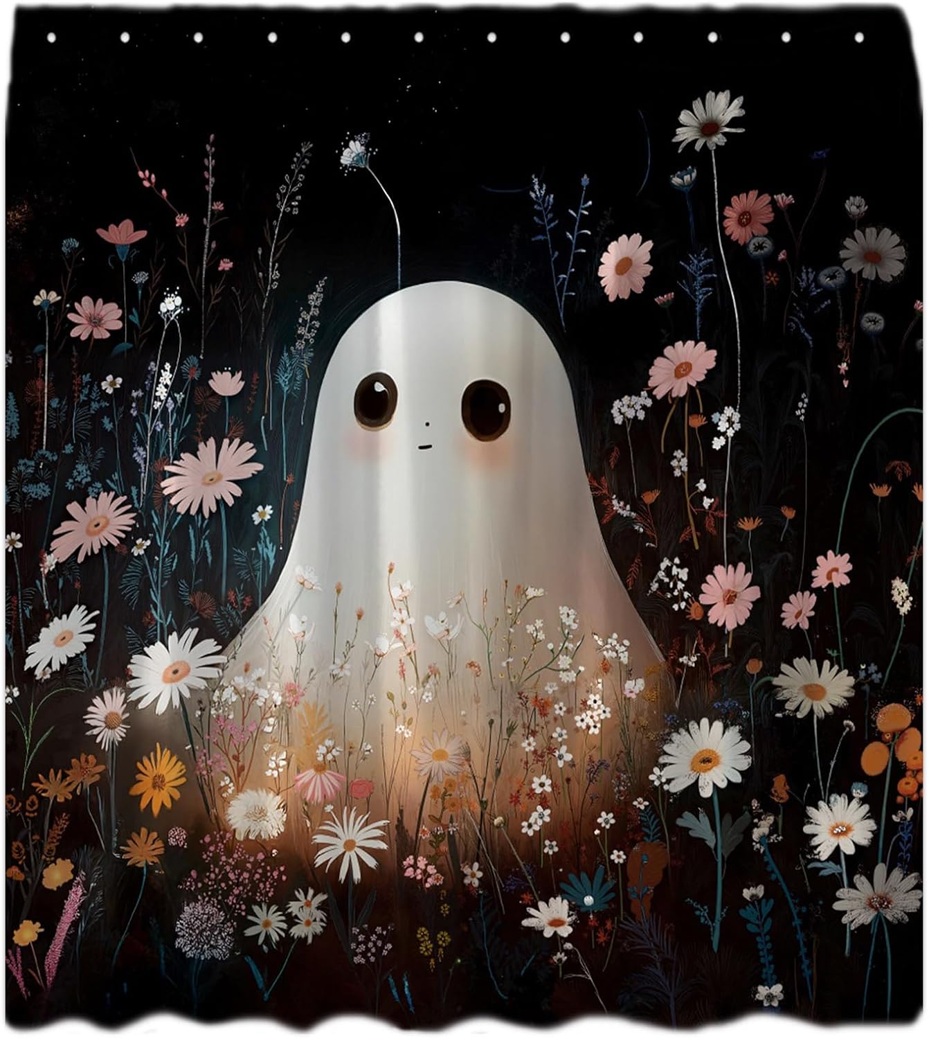 

Halloween Spooky Shower Curtain Cute Funny Ghost Watercolor Daisy Floral Natural Plant Gothic Horror Cartoon Happy Holiday W60H190(CM)-1 Pcs