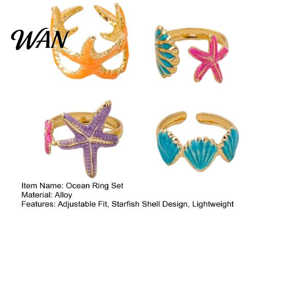 Layered Ring Set 4Pcs/Set Ocean Series Set, Multiple Styles Starfish Shell Design Versatile Finger Ring, Alloy Adjustable Stacking Rings for