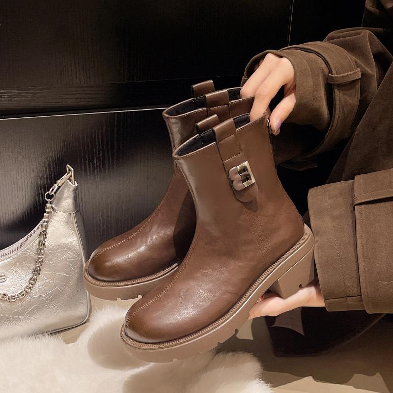 2025Neue Winter Damenstiefel Luxuriöse Lässige Lederstiefel Mode Hochhackige Stiefeletten für Damen Plüsch Warme Schneestiefel Botas Mujer