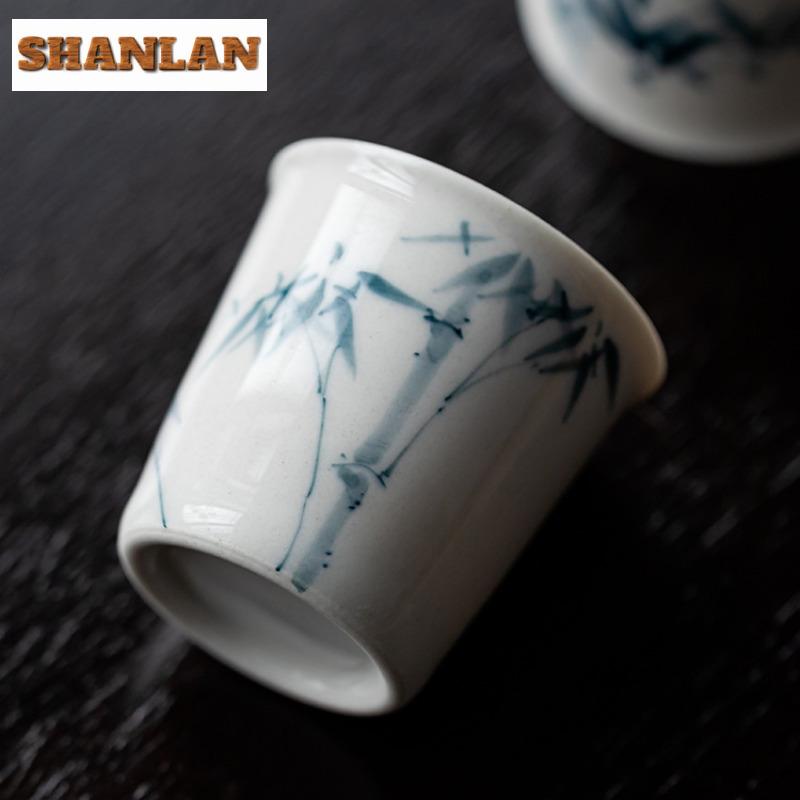 2pc/lot Hand Drawn Blue Bamboo Teacup Tea Bowl Beautiful Tea Cup Tea-tasting Smelling Cup Jianzhan Master Cups Mugs Teaset 25ml