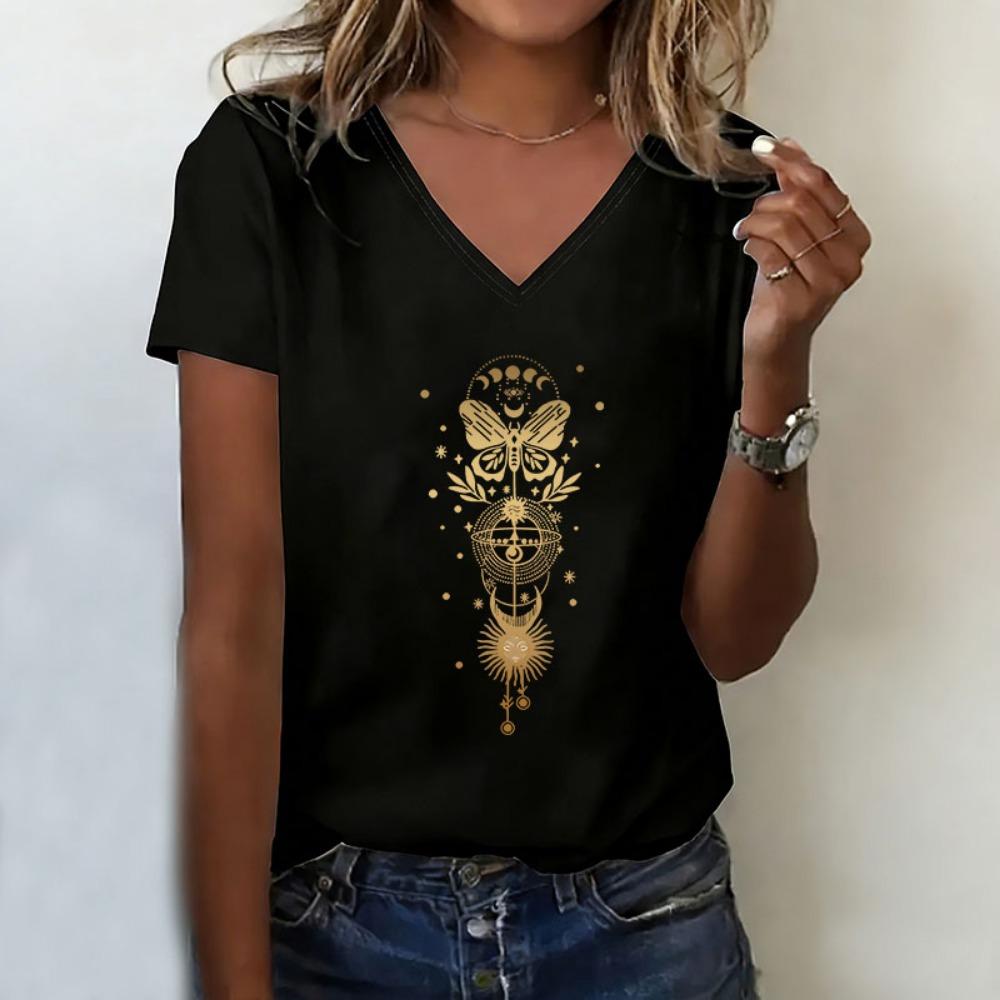 

Vintage Butterfly with Moon T-shirt V Neck Casual Fashion Y2k Retro T Shirts Women Short Sleeve Tee Shirt V-Neck Summer Spring S