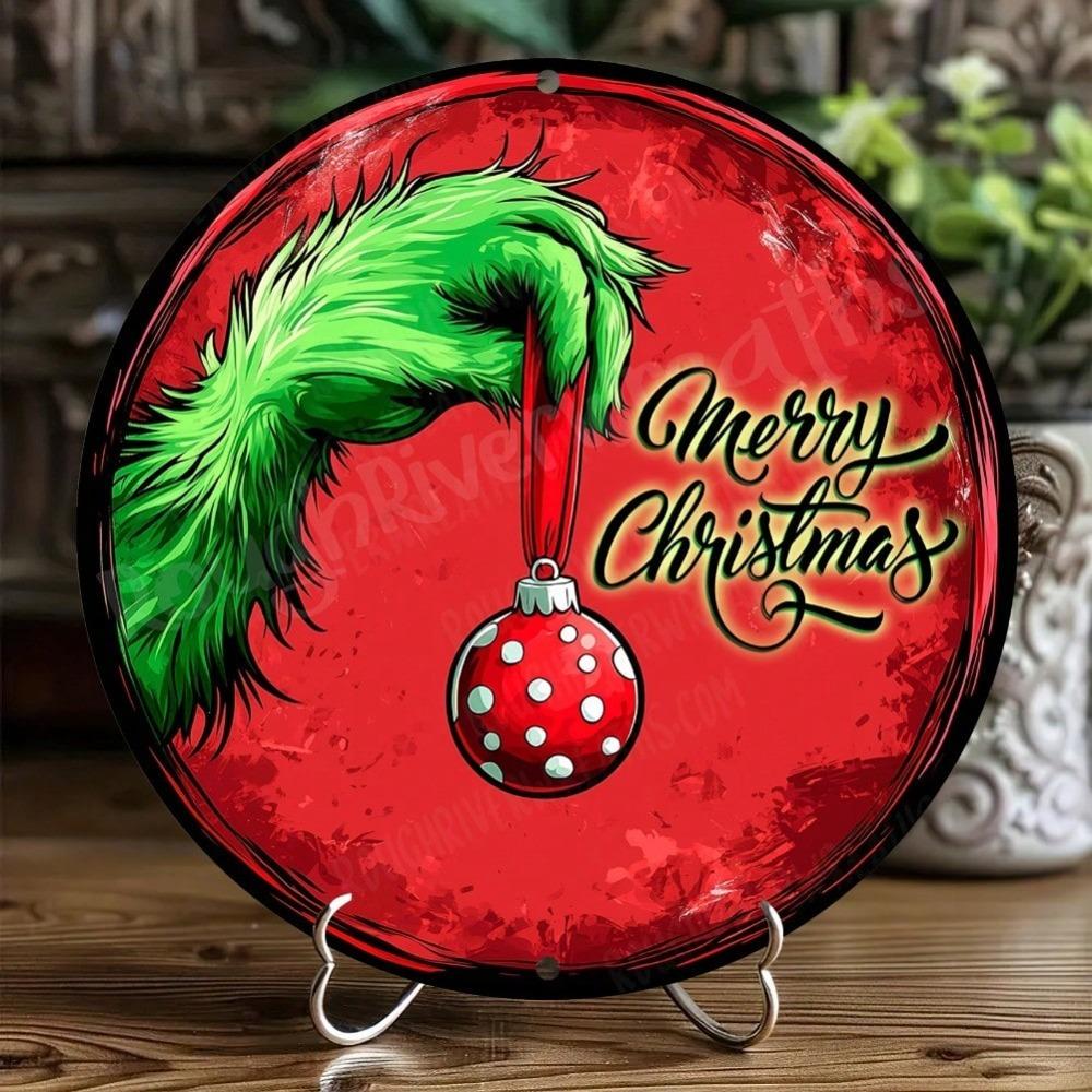 Antique Christmas Tin Sign Vintage Painted Round Metal Wall Art 8x8 Inch Rustic Pub Decor