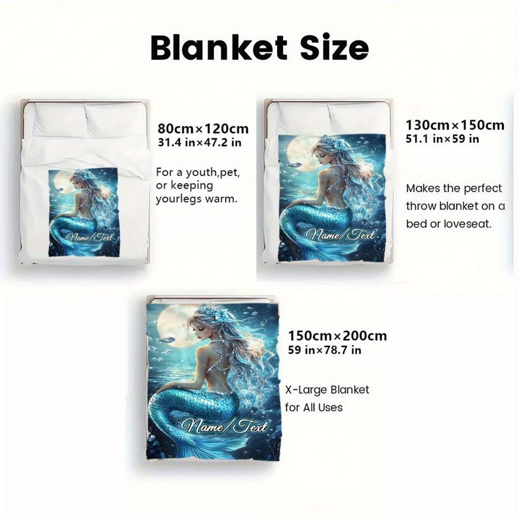 Custom Mermaid Blanket Personalized Name Fantasy Art Fleece Throw All Season Soft Cozy Bedding for Kids Adults Gift