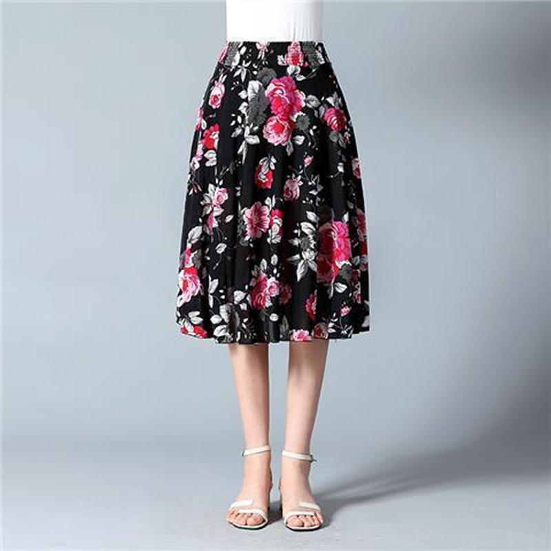 Fuste cu flori de lungime mijlocie de vară cu talie elastică femei lejer casual din șifon din mătase de gheață rochie de plajă pentru femei