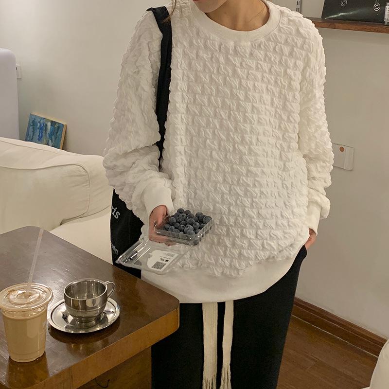Korean Jacquard Pleated Pullover Hoodie - Autumn/Winter 2023 Chic Casual Soft Thick Top
