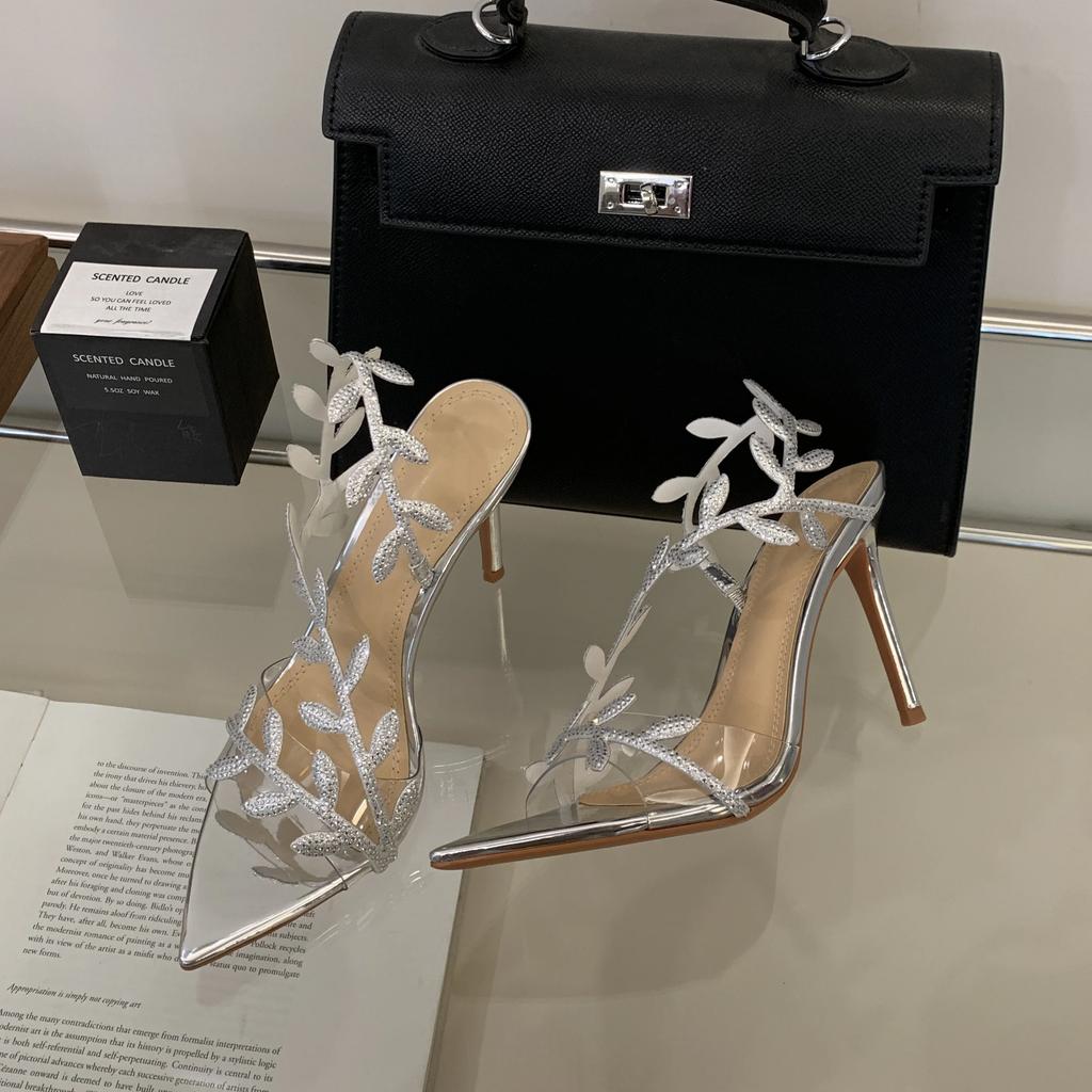 Sommer Damen Pumps Sexy Spitzschuh Strass Blätter PVC Knöchelriemen High Heel Sandalen Partykleid Hochzeitsschuhe