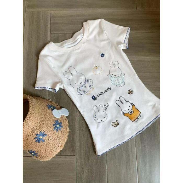 [Pure cotton] Embroidered short-sleeved T-shirt women s summer new slim-fit design sweet Spice Girl top trendy S белый
