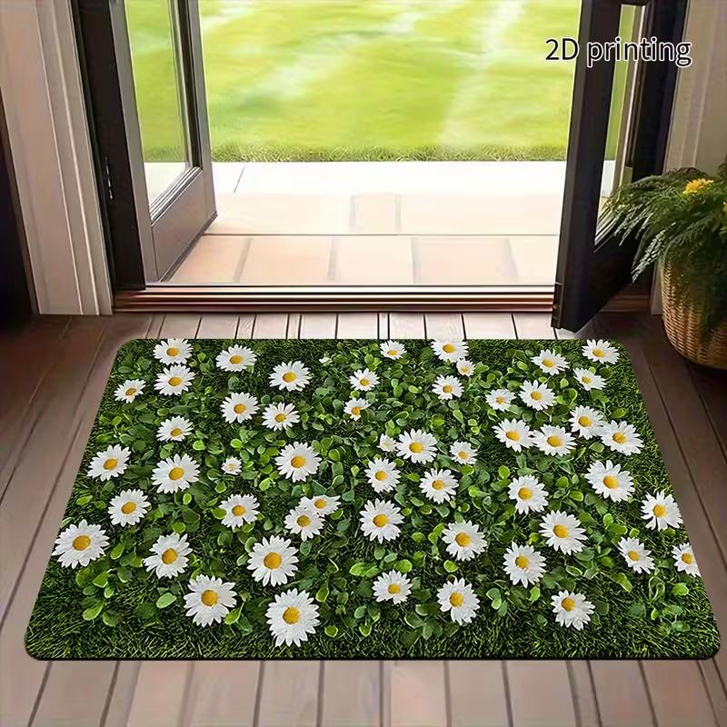 2D Realistic Wildflower Meadow Entrance Mat Colorful Daisy Floral Print Doormat Non-Slip Soft Floor Rug for Bedroom Entryway