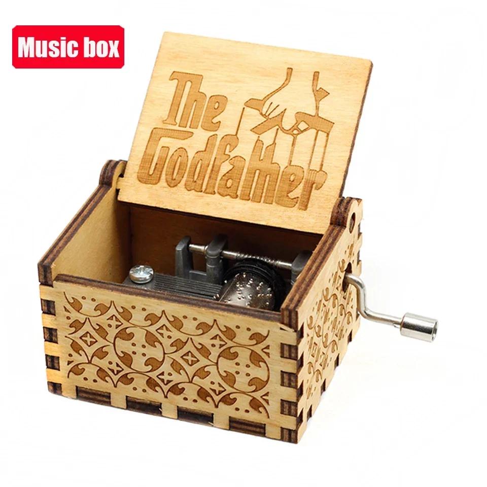 **Hot Antique carved Wooden Hand Crank Jurassic Park Music Box Action Toy Figure Anime Model Christmas Birthday Gift
