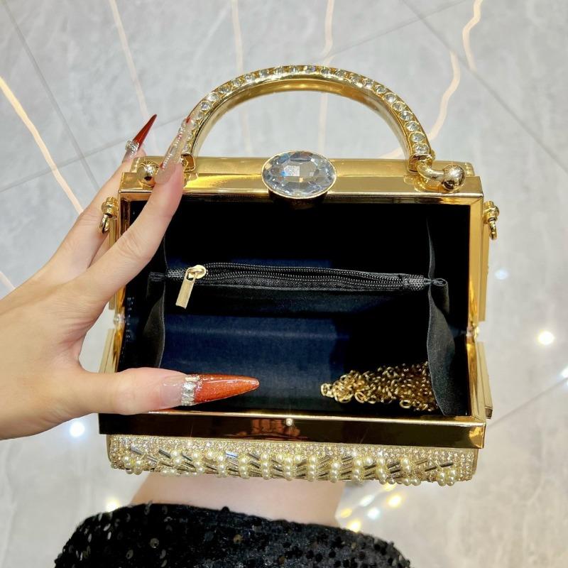 Evening Bag - A Small Shoulder Bag with A Shoulder Strap and Diamond Decorations - A Clutch Bag