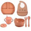 7pcs/set Baby Silicone Tableware Cartoon Printed Bibs Sucker Bowl Plate Cup Spoon Fork Sets Non-slip Children's Dishes BPA Free