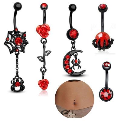 Retro Punk Schwarze Rose Spinne Bauchnabelring Set – 6 Stück