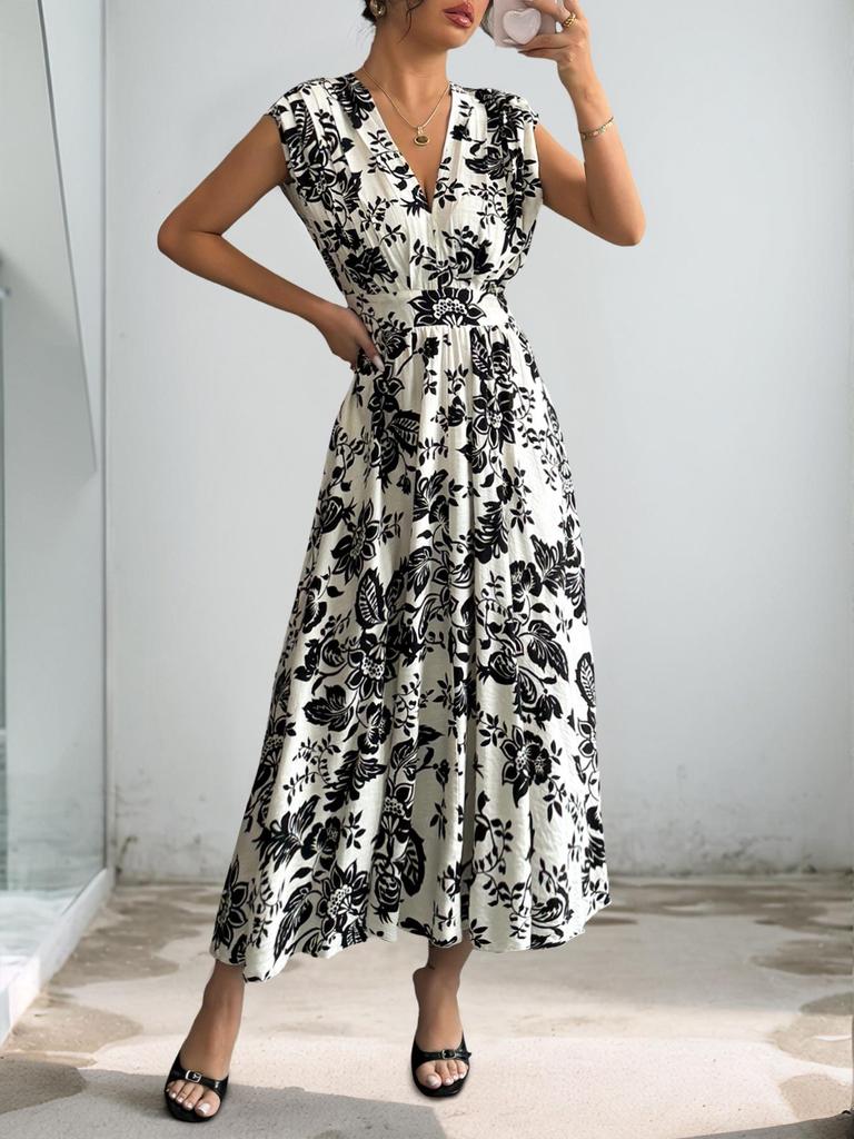 2026 Summer European Floral V-Neck Sleeveless Waist-Cinching Dress for Women