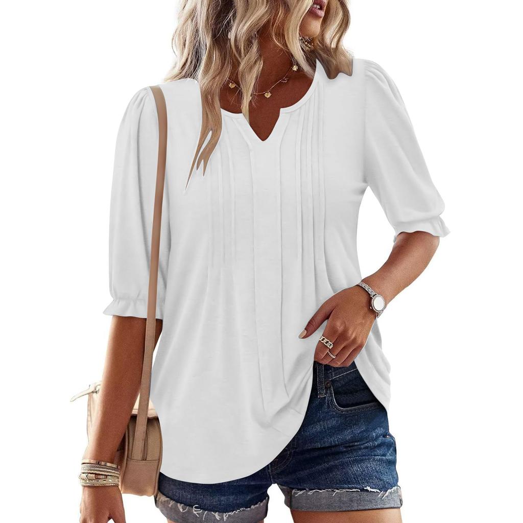 Women's Fashion Casual V-Neck Button-Front Pleated T-Shirt With Short Sleeves In Solid Color