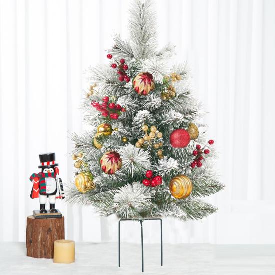 23 Inch Lighted Artificial Christmas Urn Filler Pre-lit Xmas Pine Tree with Cones Red Berries Tripod Stake And LED Light Outdoor Porch Planter Filler
