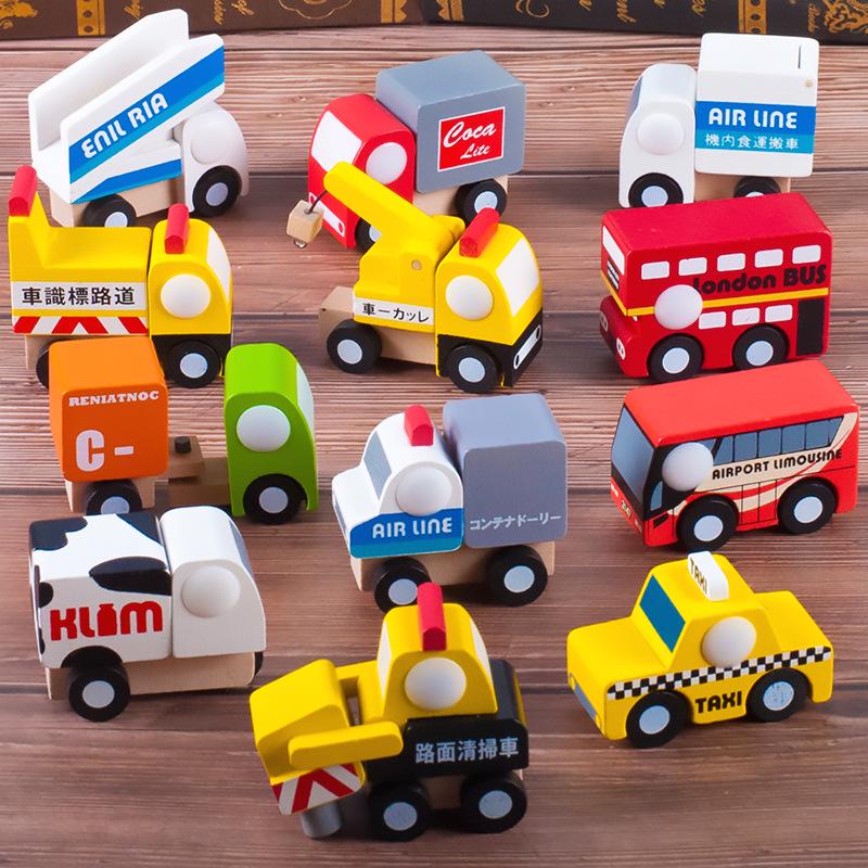 6pcs Set Kids Wooden Mini Cars Toy Cartoon Simulation Transportation Airplane Truck Model Montessori Education Toy Gift For Baby