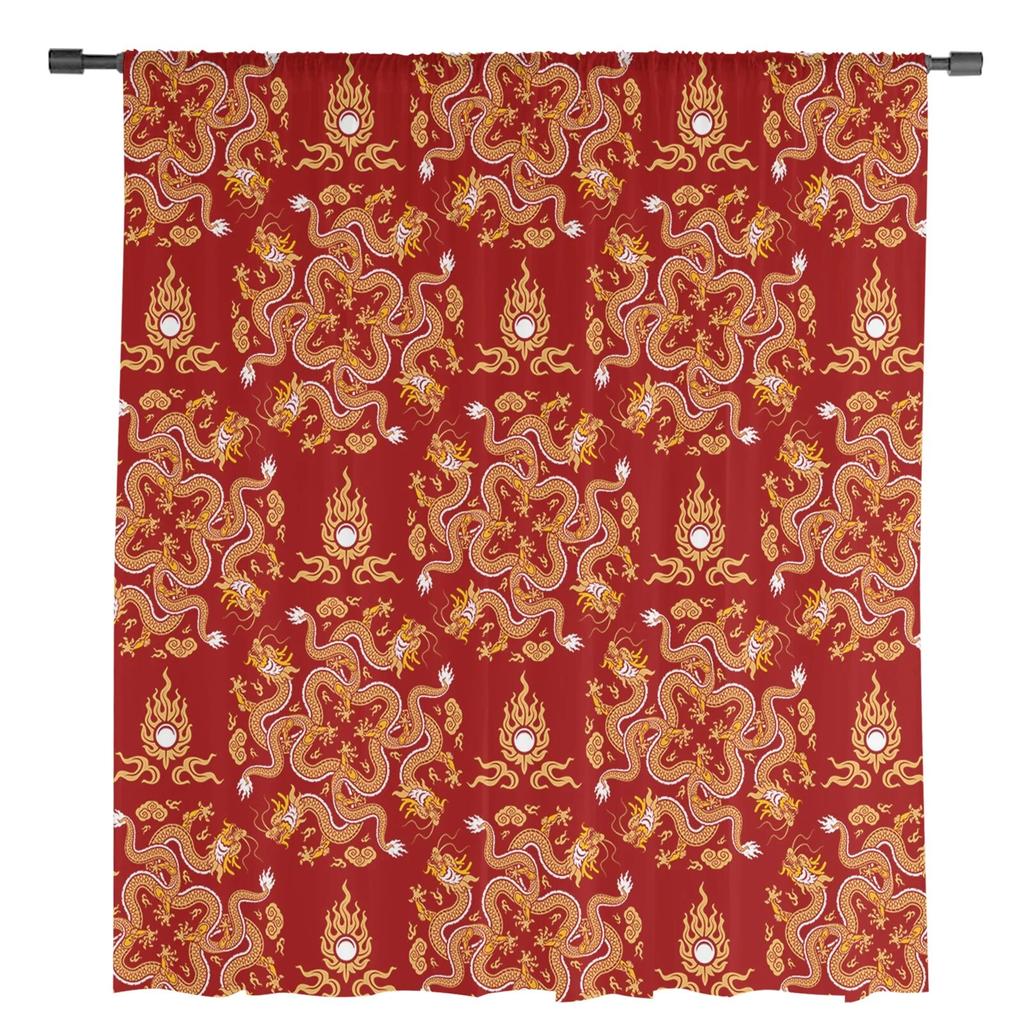 Dragon Red Background Tulle Curtain For Living Room Bedroom Kitchen Decoration Window Voiles Tulle Curtain