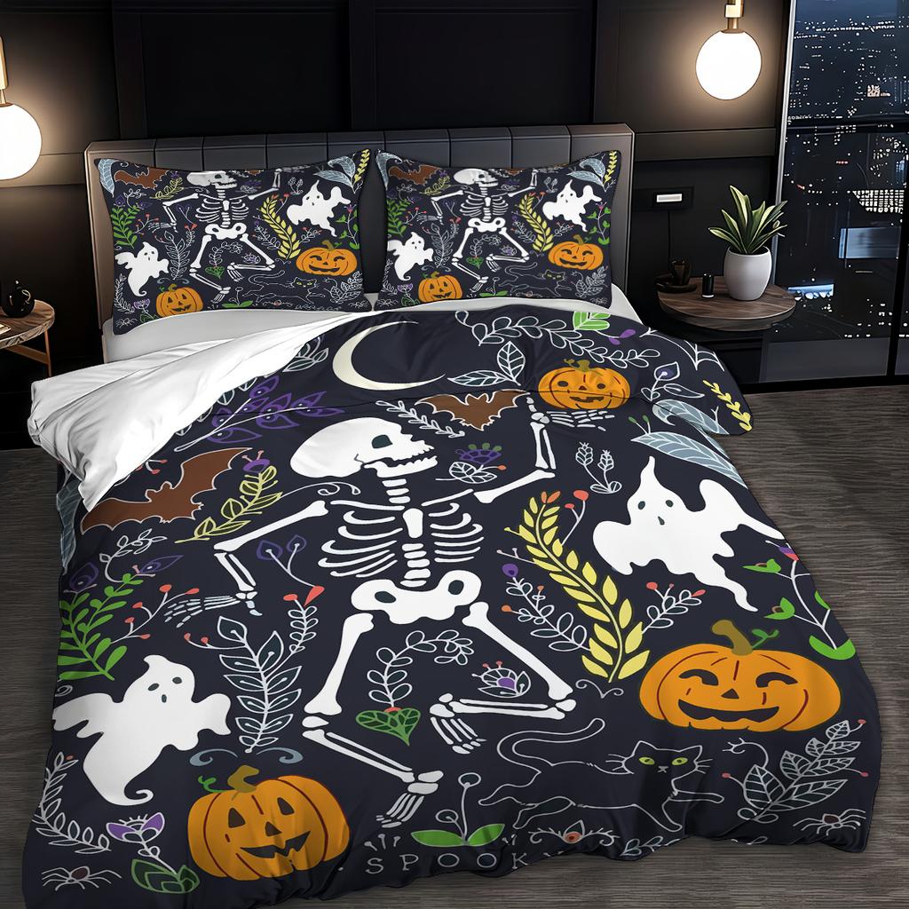 3-Piece Halloween Skeleton Pattern, 1 Quill Cover+2 Pillowcases, Coreless, Soft And Comfortable Quill Cover Set