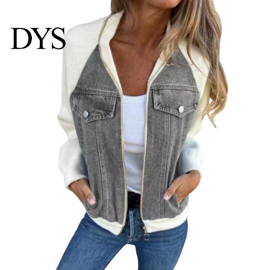 Women Outerwear Fall Winter Jacket Color Matching Zip-up Pockets Cardigan Long Sleeves Chest Flap Pocket Patchwork Raglan Shoulder Turn-down