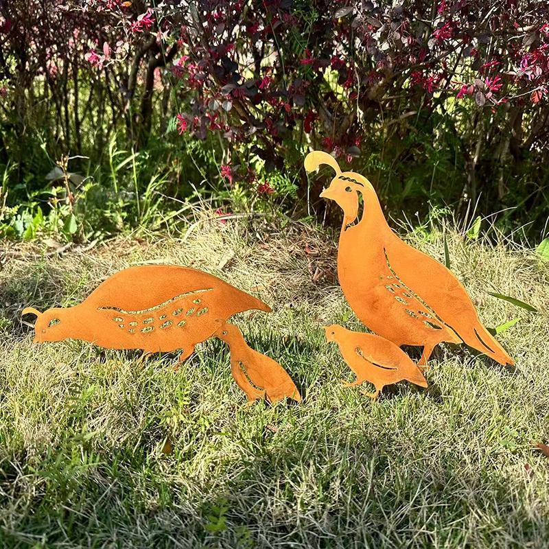 4Pcs Metal Quail Garden Decorative Statues Standing Metal Quail Lawn Sculptures Ornaments Metal Quail Art Sculptures