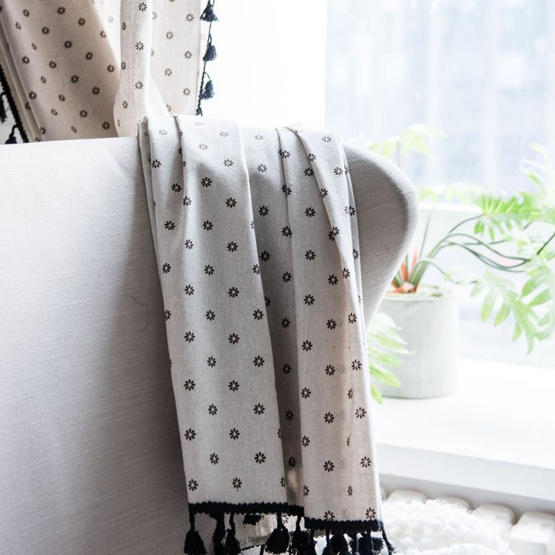 

American Style Cotton And Hemp Printing Daisy Kitchen Curtain Green Tassel Semi-shading Study Bedroom Window Finished Curtain W135 x H46cm&Threading Rod