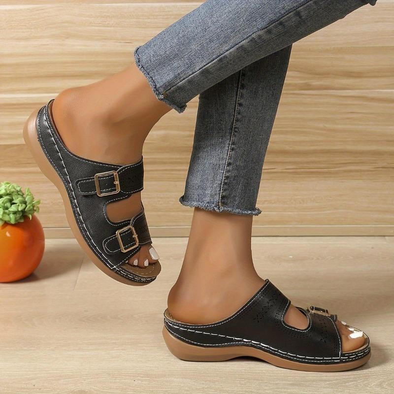 Women's Solid Color Casual Sandals, Platform Slip On Soft Sole Double Buckle Holiday Shoes, Cut Out Wedge Beach Shoes