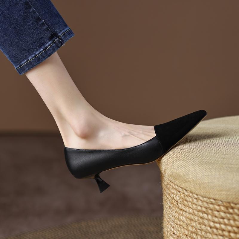 Women's Genuine Leather Patchwork Thin High Heel Pointed Toe Slip-on Pumps Elegant Ladies Daily Dress Heeled Shoes for Women