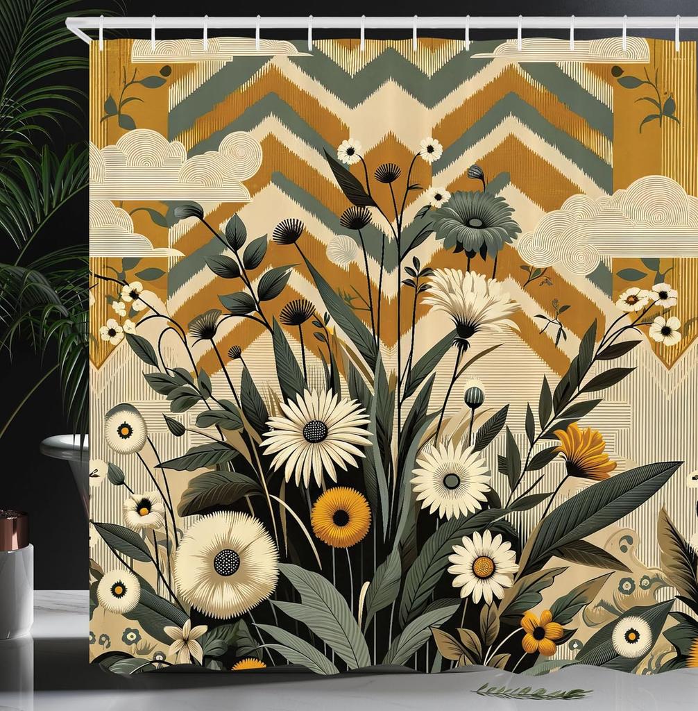 Modern Geometric Floral Waterproof Shower Curtain -Bold Abstract Shapes &Vibrant Flowers for Stylish,Contemporary Bathroom Decor