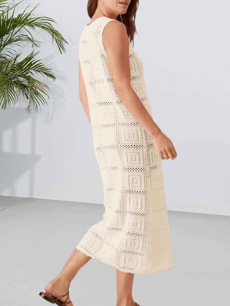Damen Häkelstrick V-Ausschnitt Ärmellos Midi Kleid Boho Strand Überwurf