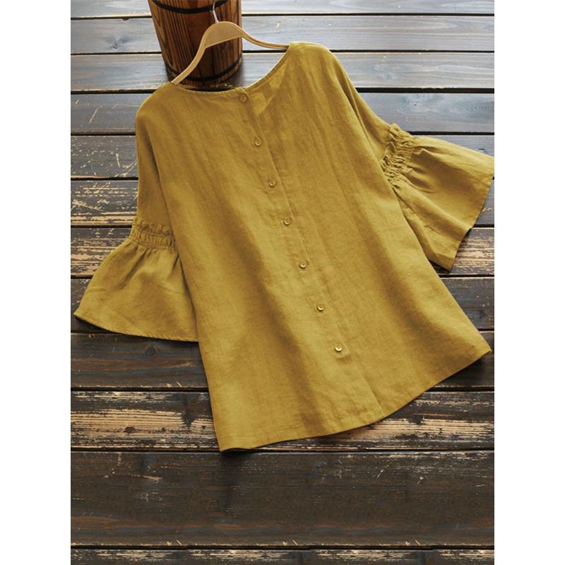Damen Sommer Bluse Kurzarm Unifarben Rundhals Rüschenärmel Hemd
