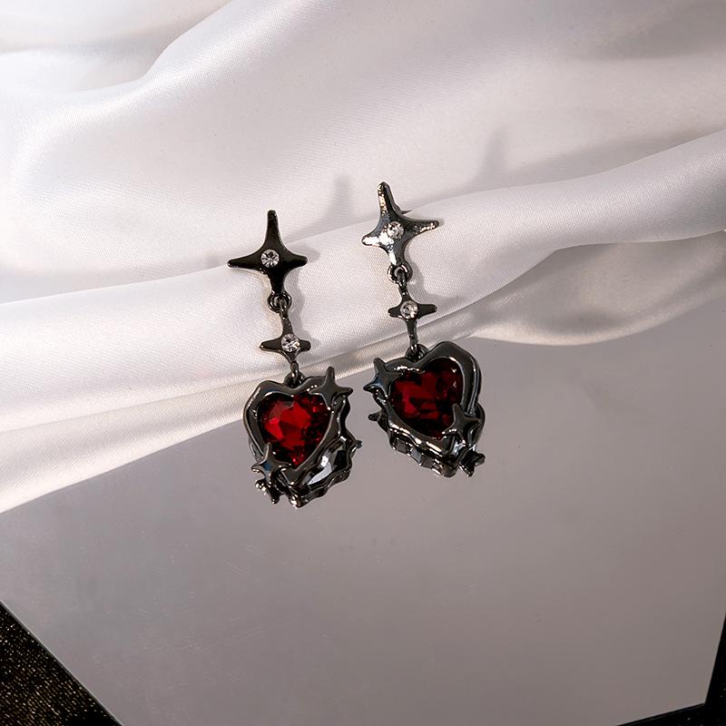 Silver Needle Red Howlite Heart & Star Dangle Earrings with Rhinestones