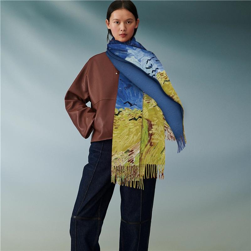 Exotic oil painting style scarf imitation cashmere warm shawl with women's versatile digital printing fringed scarf
