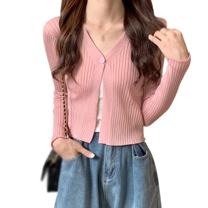 Dámské jednobarevné zapínání na knoflíky s dlouhými rukávy, dámský pletený kardigan