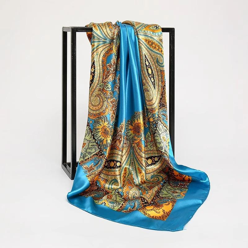 S 90*90Cm Square Silk Scarves Women Hijab Shawls Fashion Print Femme Head Scarf Foulard Bandana Beach Pareo
