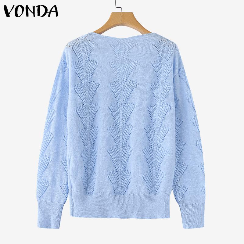 VONDA Women Autumn V-neck Long Sleeve Solid Color Pullover Sweaters