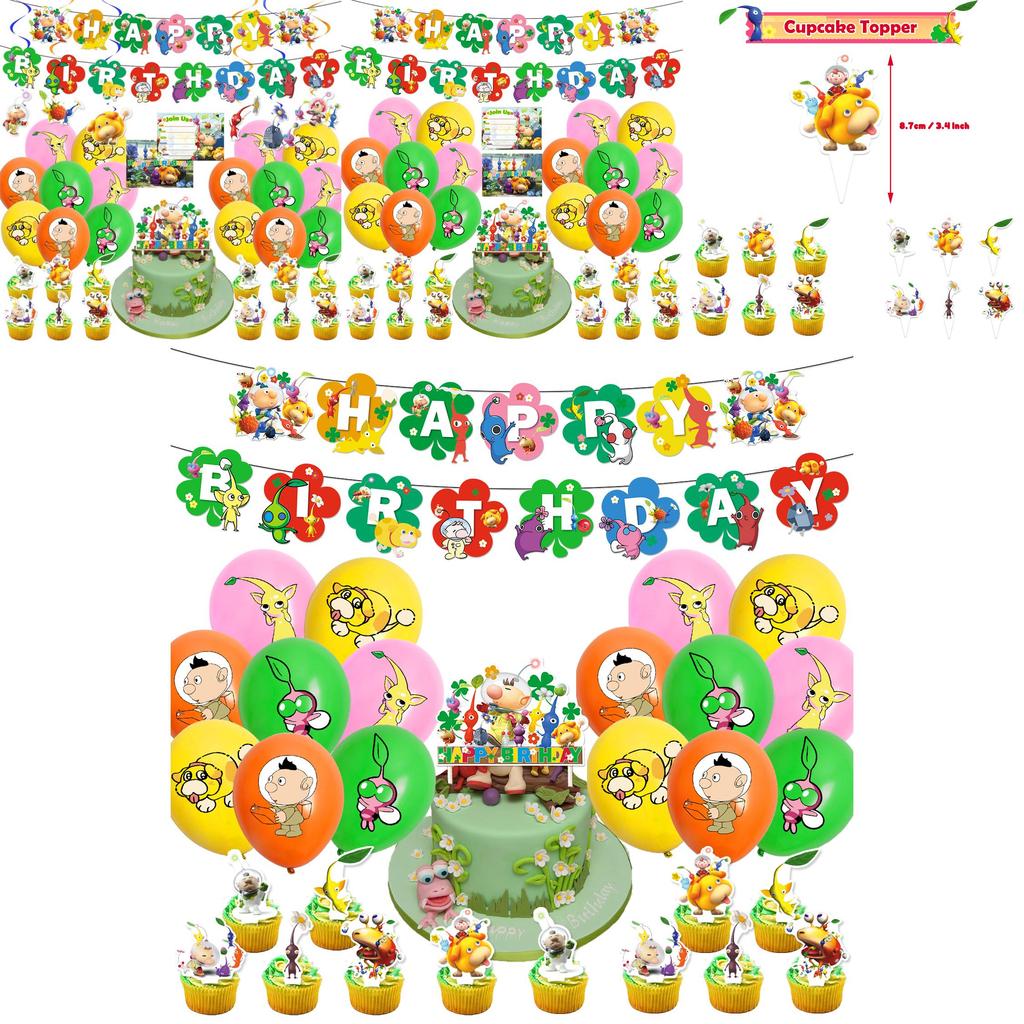 Pikmin-4 Geburtstagsparty-Dekorationsset: Papiergirlande, Luftballons, Tortenaufsatz, Cupcake-Aufsatz und mehr!