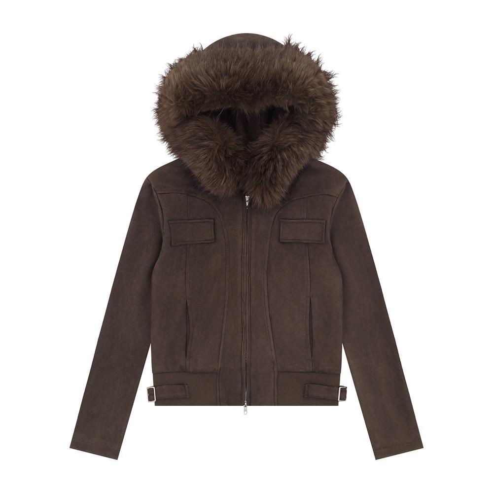 

Синий меховой воротник Ort Jaet Уникальный дизайн Винтажный Женская мода Верхняя одежда Легкий уход Осень Зима Топ L коричневый