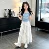 Girls' Summer 2026 Set: Drawstring T-shirt & Irregular Lace High-Waist A-line Skirt