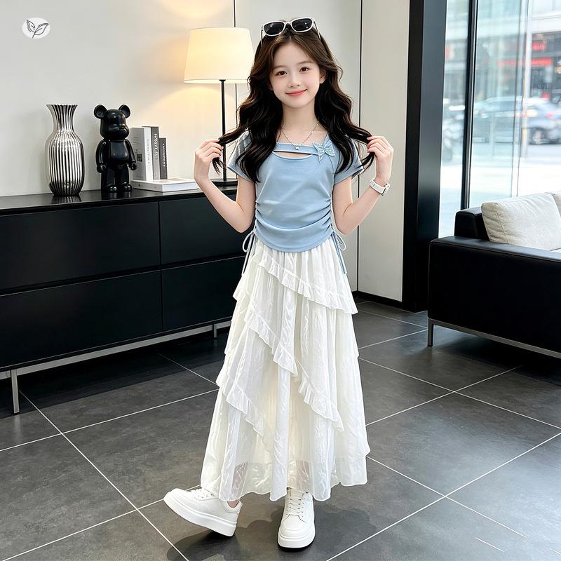 Girls' Summer 2026 Set: Drawstring T-shirt & Irregular Lace High-Waist A-line Skirt