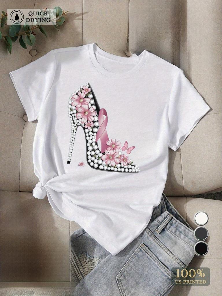 Women's Tee Black with Pink Pearl Floral High Heel Shoe Illustration Casual Short Sleeve Round Neck Showing Elegant Style