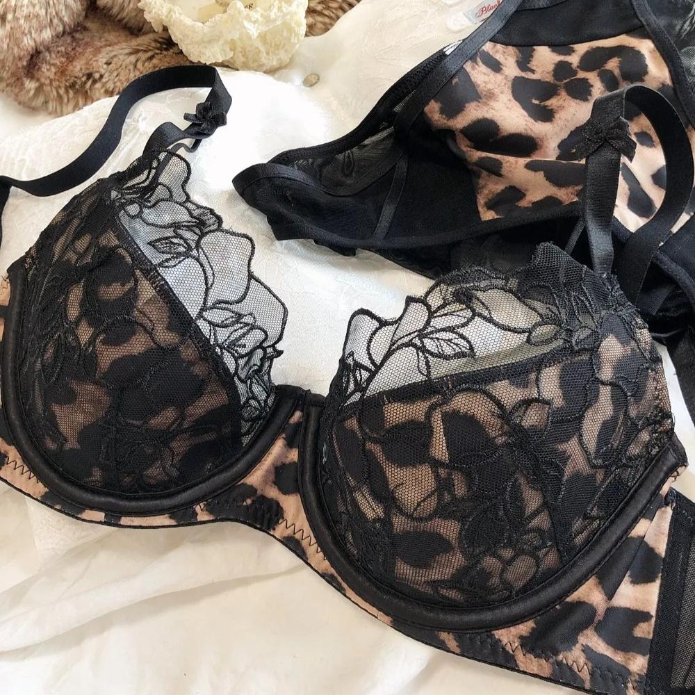 Sexy Dámská Lingerie Set s Leopradím Vzorem Francouzská Krajka Květinová Výšivka Síťovaná Podprsenka Pohodlná Push-Up Podprsenka Šarm Dámské Spodní Prádlo