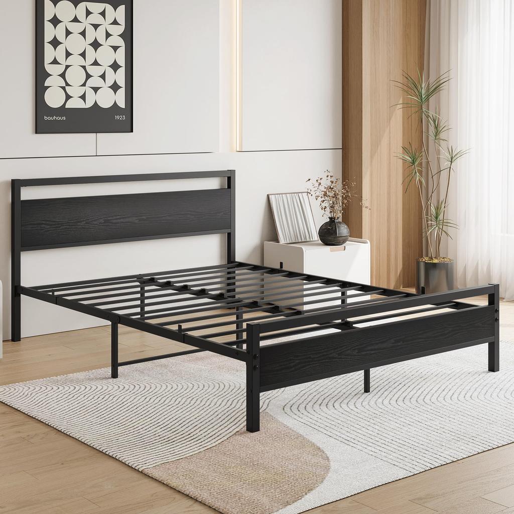 Bed Frame 140x200 cm made of Metal & Wood – Stable Single Bed with Slatted Frame & Storage, Guest Bed/Youth Bed