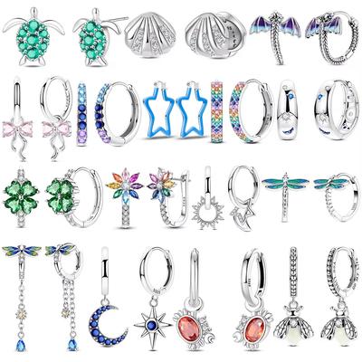Charms 925 Silver Earrings Color Zircon Pink Bow Star Moon Shell Earrings Four-leaf Clover Woman's Accessory Jewelry
