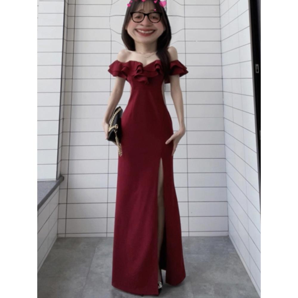 Temperament Banquet Dress Temperament Split Fork Waist Hip Fish Tail French Long Dress One Word Shoulder Dress