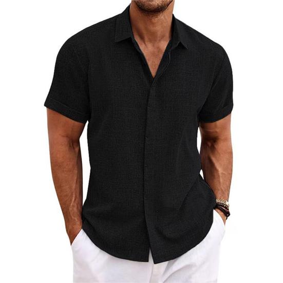Men Lapel Short Sleeve Shirt Tops Solid Color Buttons Placket Loose Fit Casual Thin Tops Male Clothing