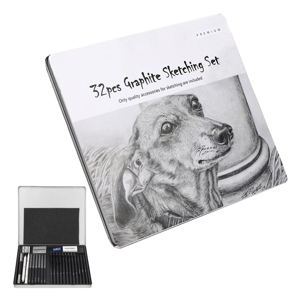 32Pcs Sketch Pencil Set Beginner Painting Tool Art Supplies with Iron Storage BoxBlack No.1