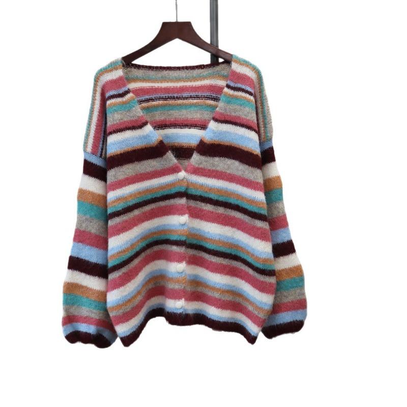 Color striped knitted cardigan autumn and winter new loose and thin lazy style soft waxy sweater jacket women